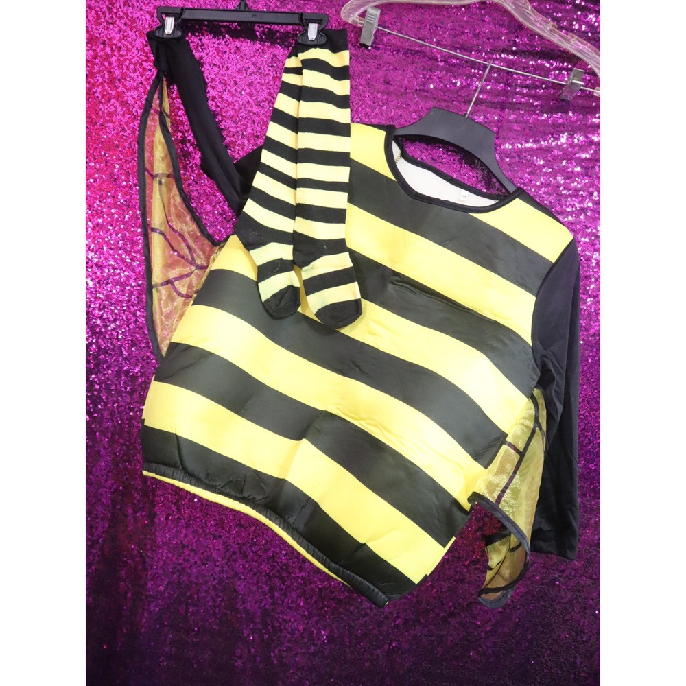 Yellow Bumble Bee Costume Medium Unisex Striped Tunic Wings Socks Set Halloween